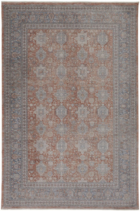7' X 10' Silver Taupe and Blue Oriental Power Loom Worn Faded Area Rug With Fringe